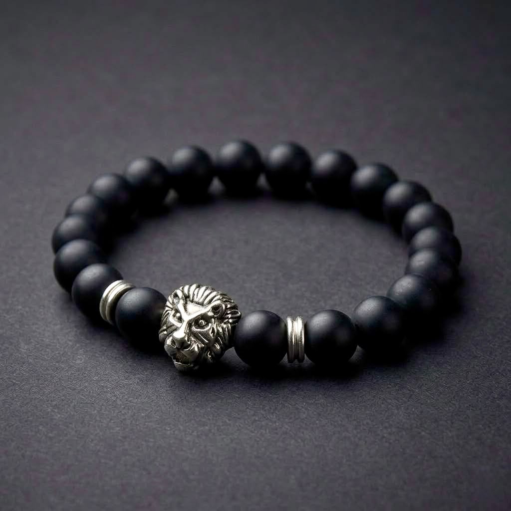 The Apex Lion Silver Bead Bracelet | Matte Black Onyx & Silver Statement Bracelet for Men