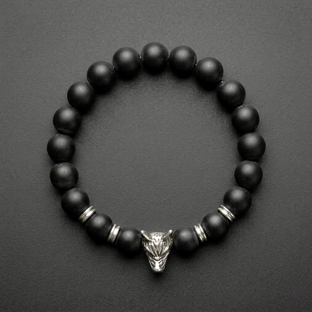 The Shadow Fox Silver Bead Bracelet | Matte Black Onyx & Silver Statement Bracelet for Men