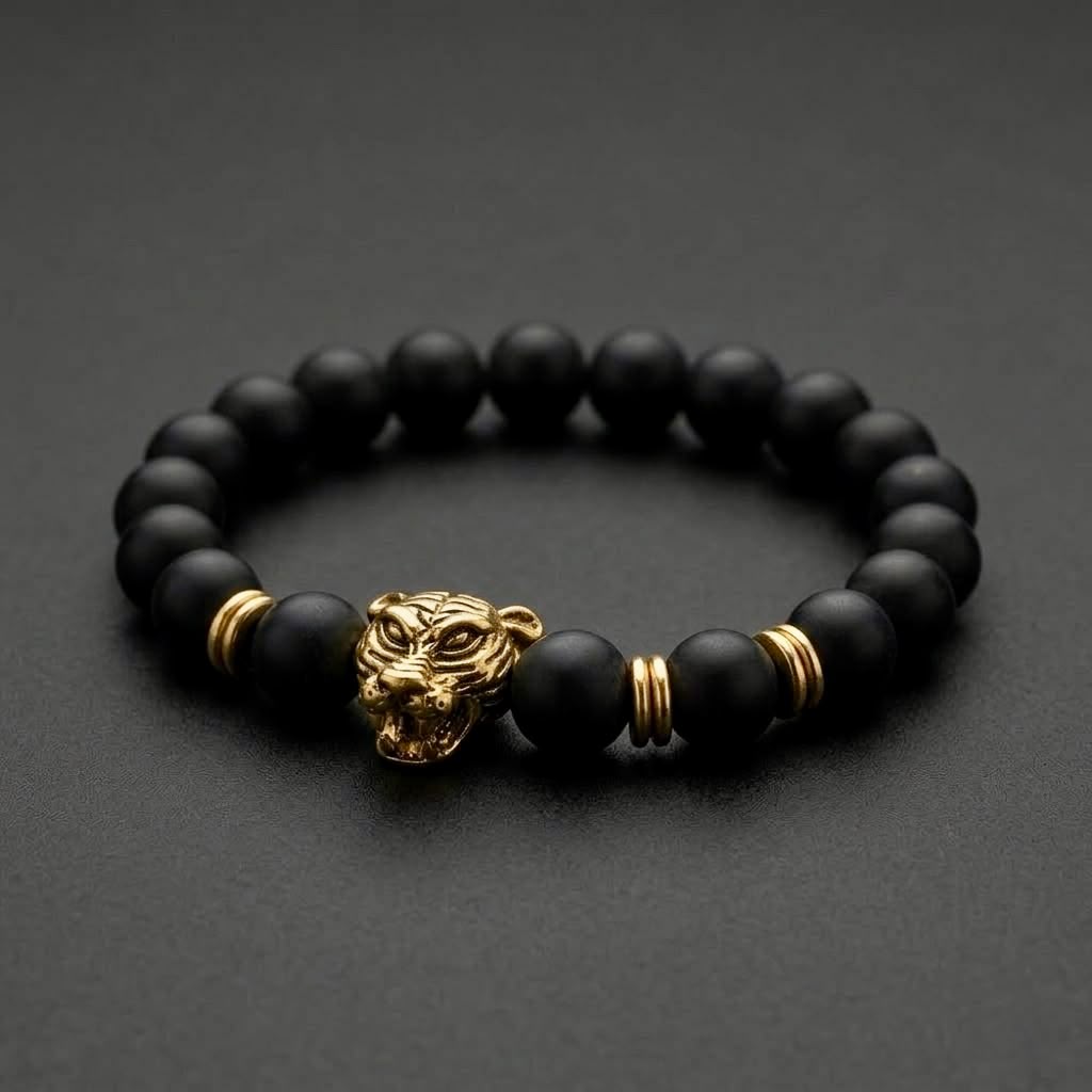 The Bengal Tiger Gold Bead Bracelet | Matte Black Onyx & Gold Statement Bracelet for Men