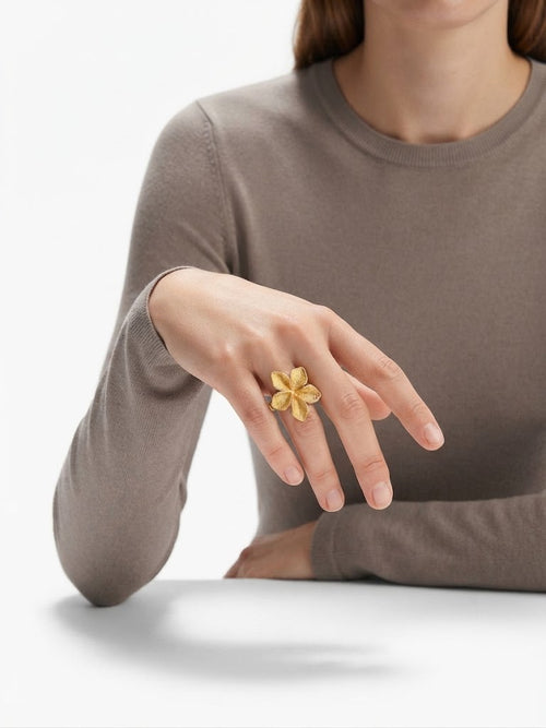 Gold Plumeria Floral Statement Ring for Women
