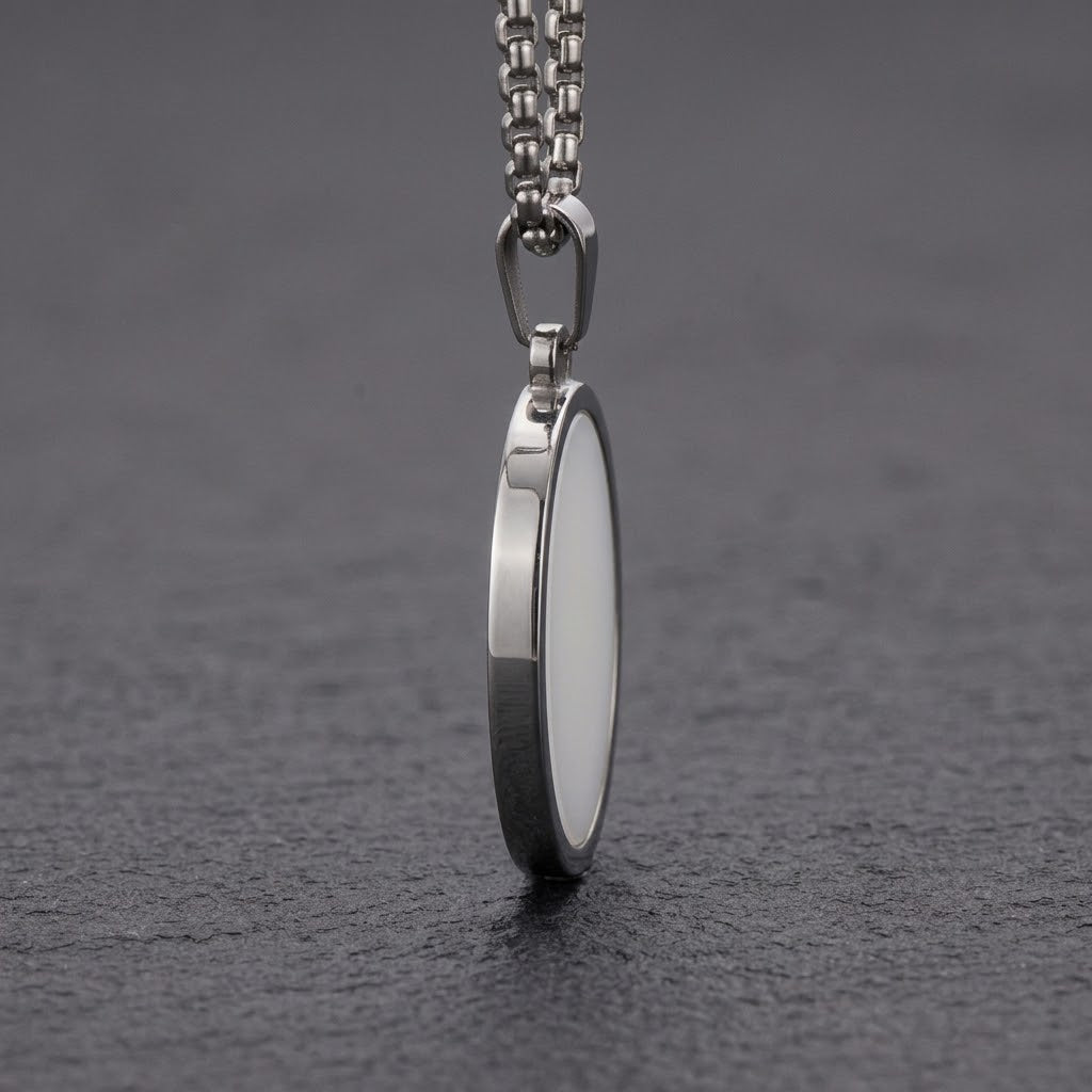 The Noir Dual-Sided Oval Pendant | Reversible Black & White Onyx Stainless Steel Necklace for Men