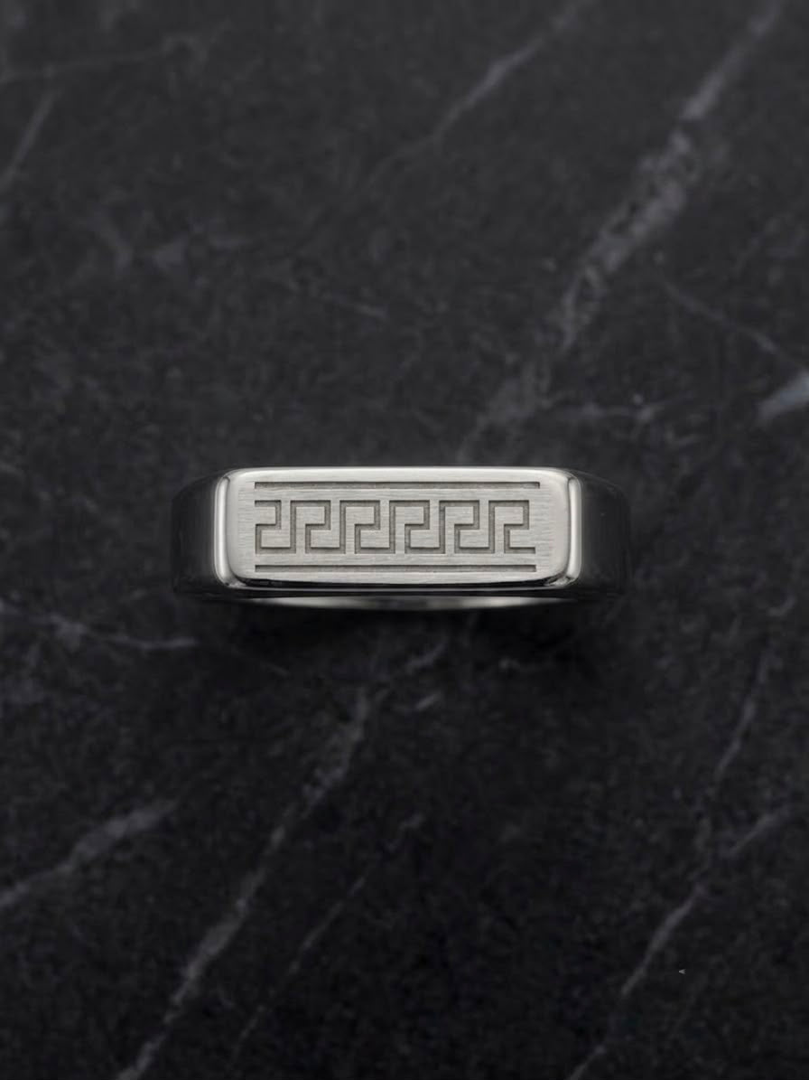 The Pantheon Greca Bar Ring | Premium Brushed Silver Greek Key Signet Ring for Men
